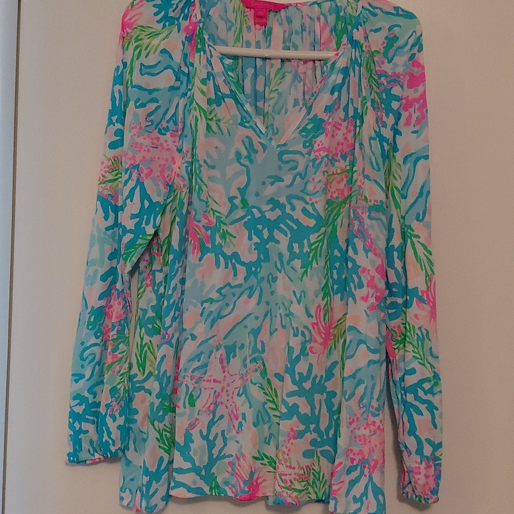 Lilly Pulitzer Turquoise Floral V-Neck Long Sleeve Blouse, Size XL